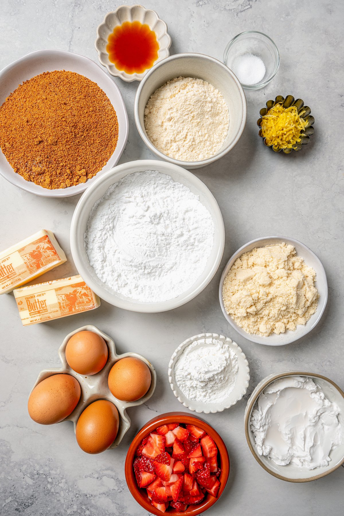 Ingredients for making strawberry cake. 